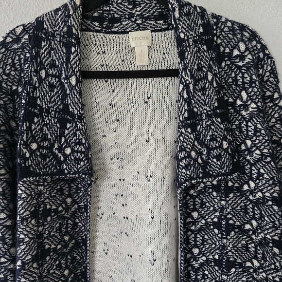 Chico's Long Cardigan Womens Sz L White Blue Sweater Collared Open Aztec - Picture 10 of 12